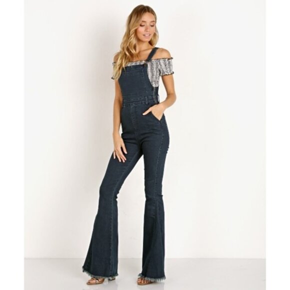 SHOW ME YOUR MUMU Berkeley Bell Overalls Frayed Hem in Dark Rainstorm - Picture 2 of 16